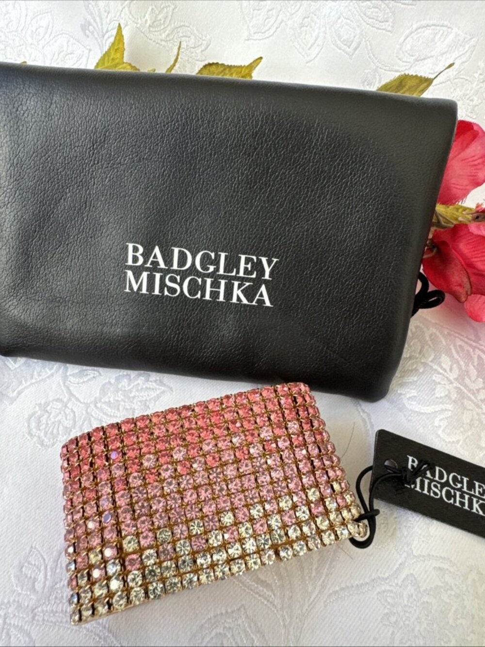Badgley Mishka Pink Gold Wide Cuff Bracelt Crystal Rhinestone Hematite NEW